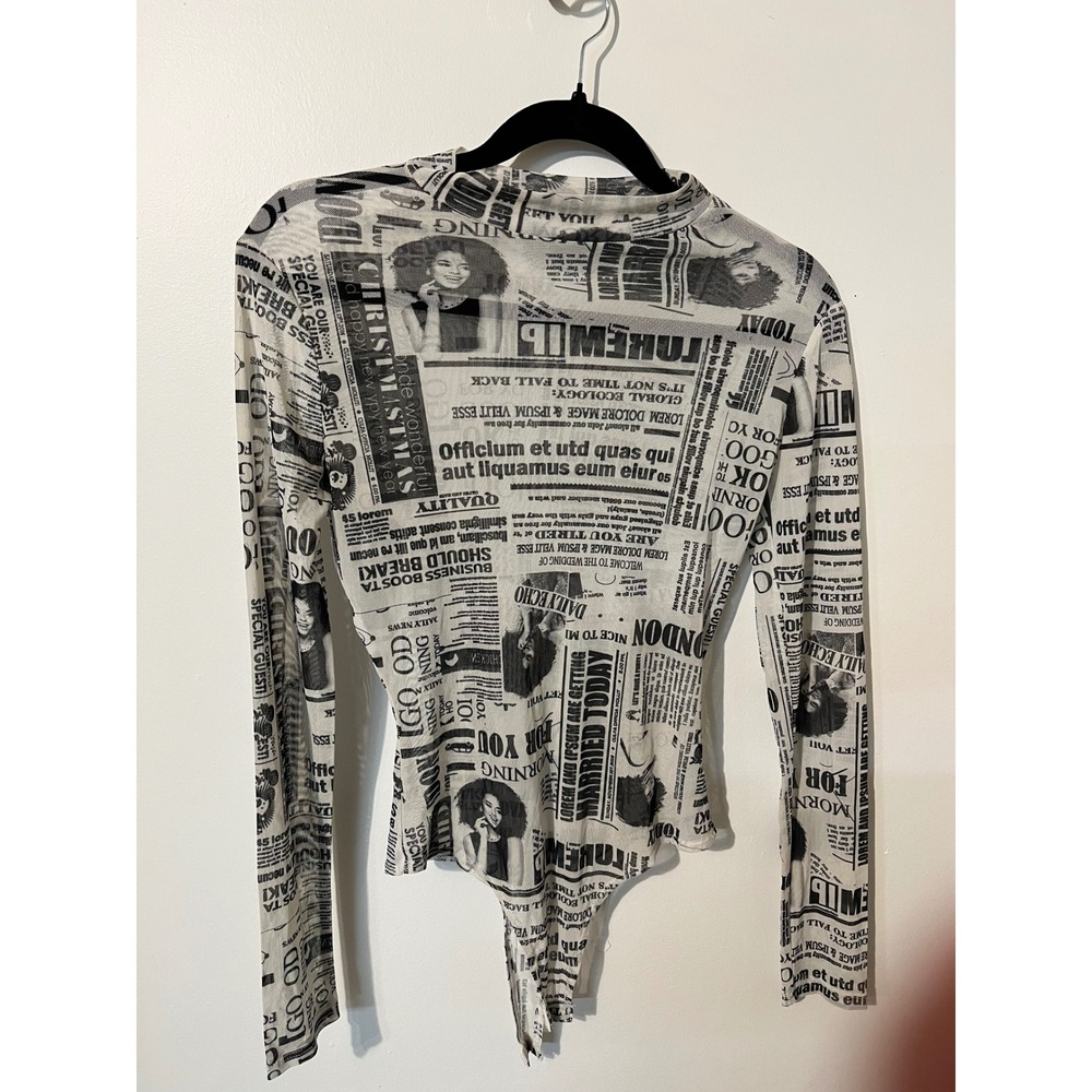 Fashion Nova Newspaper Print Mesh Bodysuit Long Sleeve Mock Neck Black White L